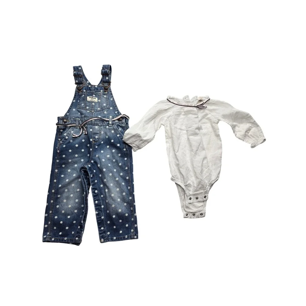 OshKosh Bgosh Polka Dot Denim Overalls and Bodysuit Set Blue White 18M Girls